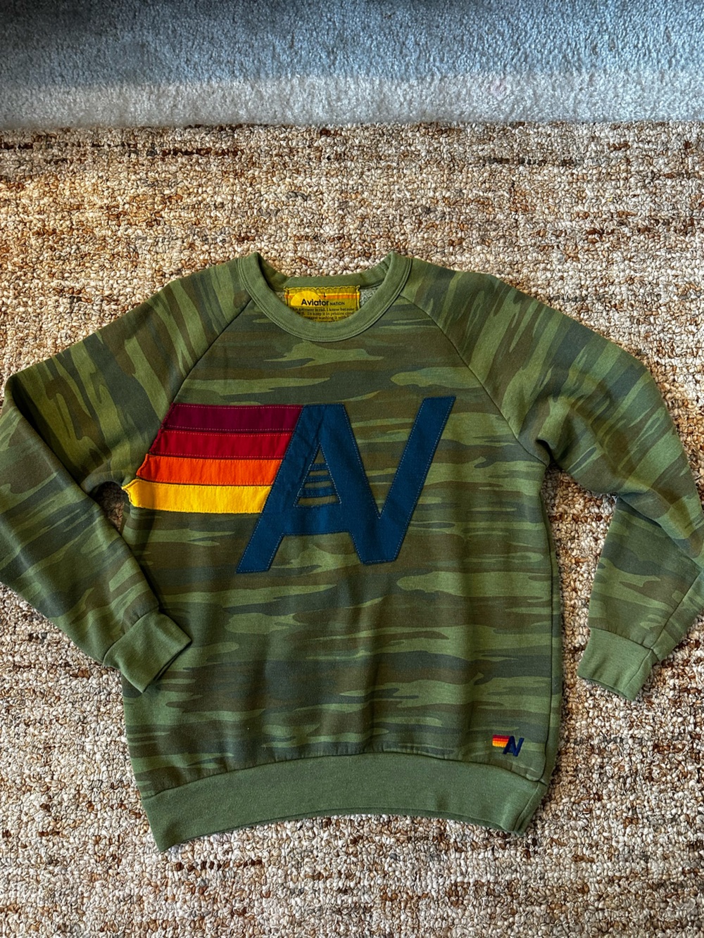 Aviator Nation Olive Camo Sweatshirt with 'A' Retro Logo Stripes